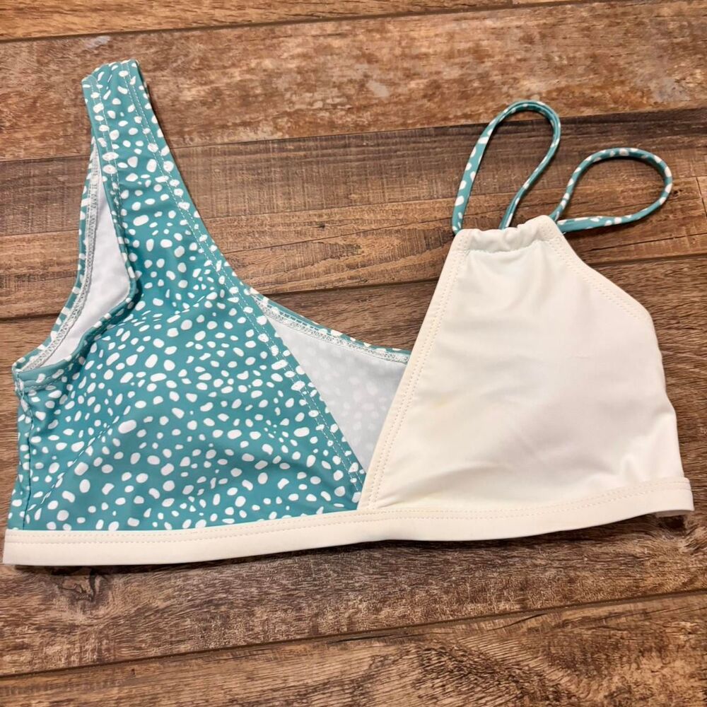 SHEIN Dalmatian White Blue Teal Color Block Medium Strappy Women's Bikini Top
